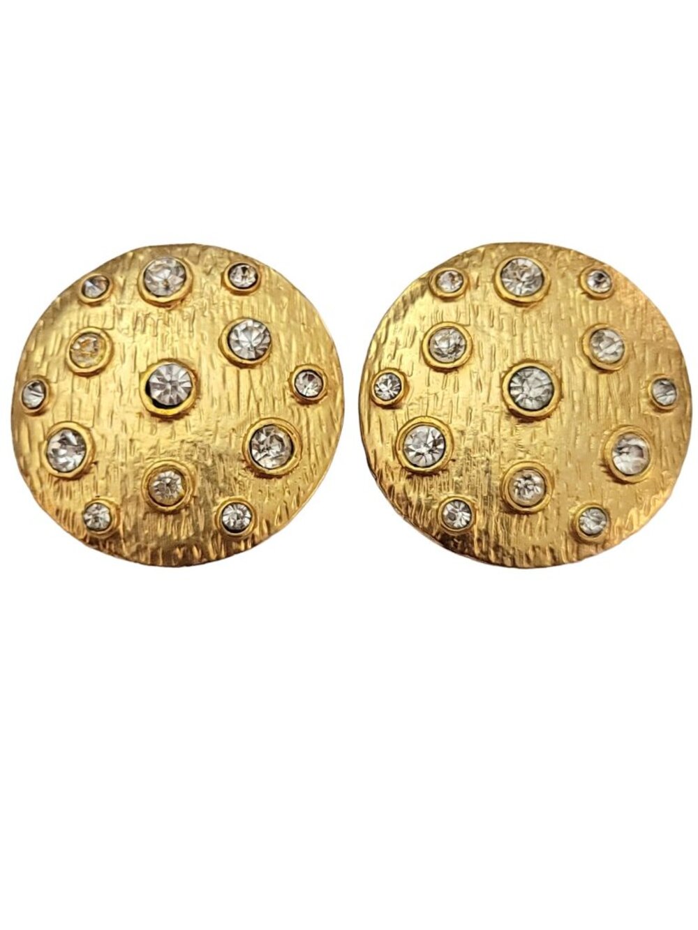 Gold Tone Clear Rhinestone Textured Round Clip On Earrings K562